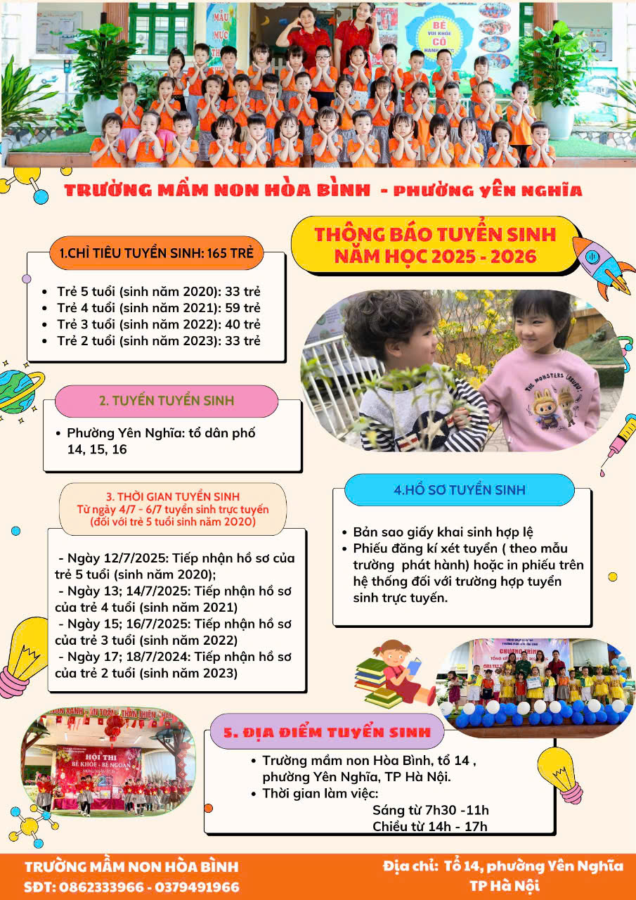 THÔNG BÁO TUYỂN SINH TRƯỜNG MẦM NON HÒA BÌNH- NĂM HỌC 2025-2026